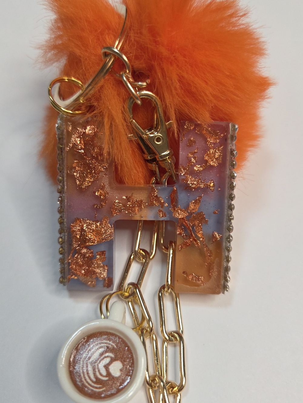 Orange Pom Pom & Resin "H" Letter Keychain Charm with Mini Coffee Cup! Too Cute!